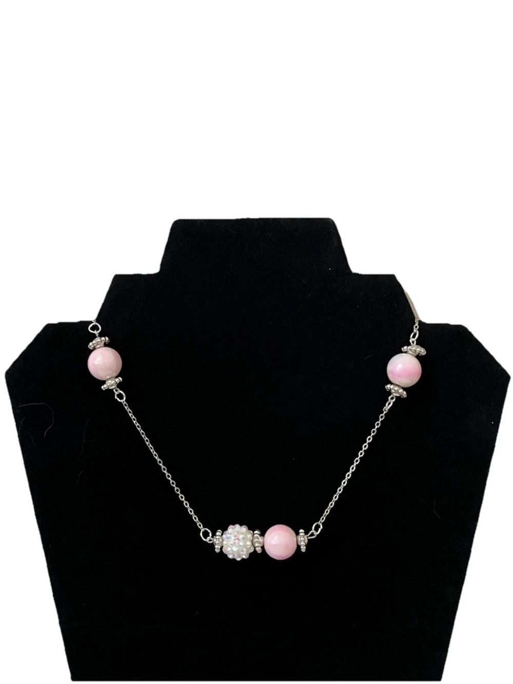 Handmade Pink Bead Choker Necklace Silver Link Chain Sparkle Accent Ball 15 Inch